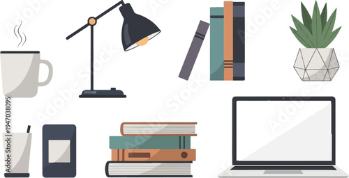 A still life composition of study and work items on a white background