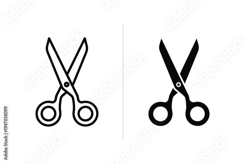 Pair of Scissors Icons: Outline and Solid Black Styles on White Background