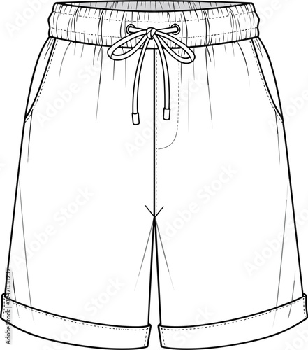 Unisex casual shorts technical flat sketch with elastic drawstring waistband, side pockets, cuffed leg openings, and comfortable fit vector illustration.