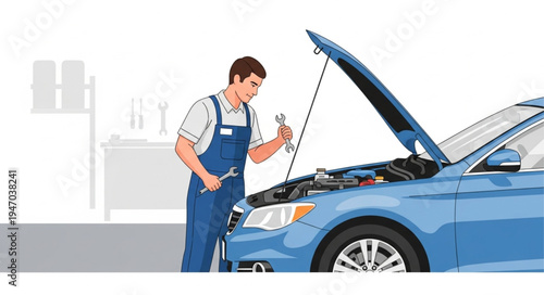 Mechanic Checking Blue Car Engine.