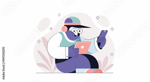 Cartoon character with headphones, glasses, and cap holding a tablet and phone