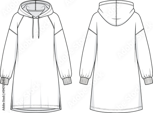 Women's oversized hoodie dress technical flat sketch with raglan sleeves, drawstring hood, ribbed cuffs, side slits, and casual fit vector illustration.