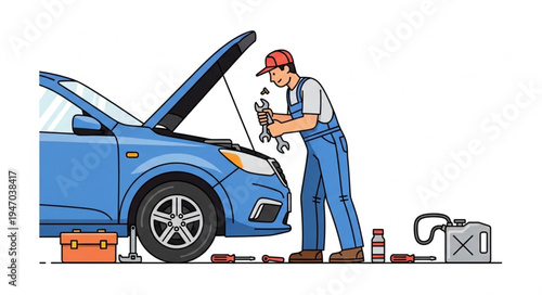 Mechanic Checking Blue Car Engine.