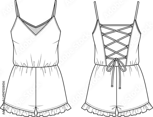 Women's cami romper technical flat sketch with V-neckline, lace up back detail, elastic waistband, and ruffle hem vector illustration.