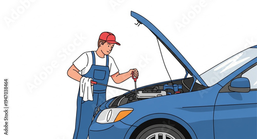 Mechanic Checking Blue Car Engine.