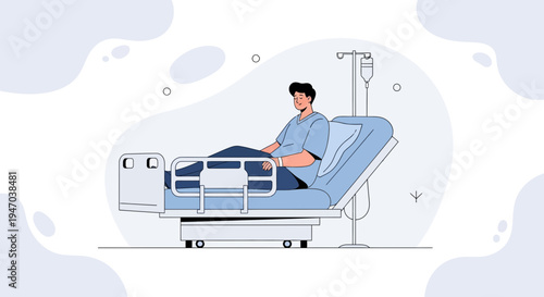 Man in hospital bed with IV drip, medical care, recovery, healthcare illustration