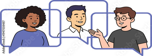 Video conference call. Group of people talk with colleague, partners or team members through application. Online meeting or education webinar. Employees discuss project presentation and planning work.