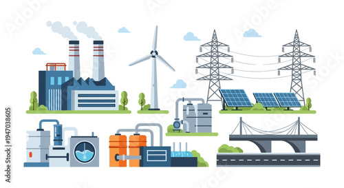 Energy and Industrial Infrastructure Icons: Power Plants, Renewable Sources, Transmission Grids, and Manufacturing