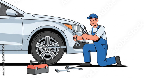 Mechanic changing car tire outdoors.