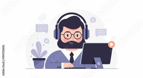Man wearing headphones and glasses works on a computer, communication icons