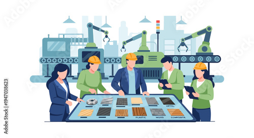 Manufacturing Team Selecting Materials in Smart Factory. Engineers & Technicians Collaborate on Product Design, Production Planning with Robotic Automation.