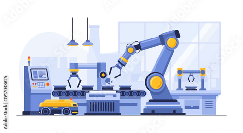 Smart Factory Automation: Robotic Arms, Conveyor Belt, and AGV in Modern Industrial Production. Industry 4.0, AI, and Efficient Manufacturing Process Illustration.
