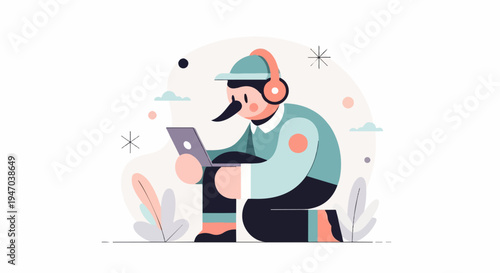 Cartoon figure in headset and cap crouches with tablet outdoors