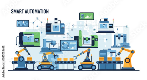 Smart Automation & Industry 4.0 Factory: Robotic Arms, AI Machines & Autonomous Systems for Modern Manufacturing Efficiency - Digital Illustration