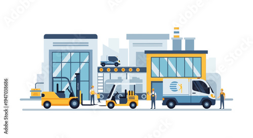 Modern Industrial Logistics: Factory Production, Warehouse Management, and Global Delivery Supply Chain Operations