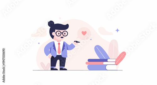 Person in formal attire offers heart symbol near stack of books