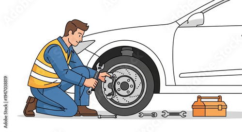 Mechanic changing car tire outdoors.