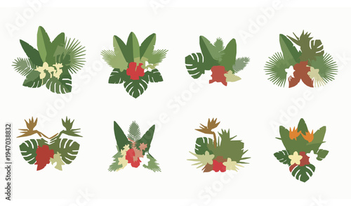 Exotic tropical flower bouquets vector illustration with palm leaves hibiscus plumeria bird of paradise floral arrangements