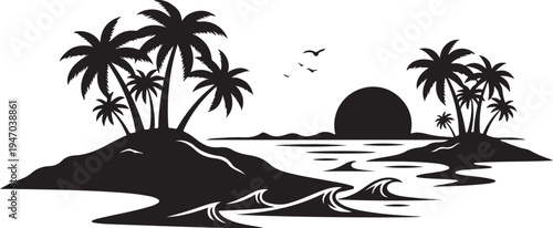 Tropical island vector silhouette with palm trees and sunset