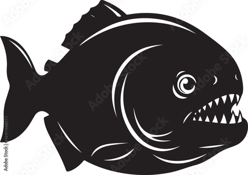 Aggressive Piranha Fish Silhouette with Sharp Teeth and Menacing Eye.