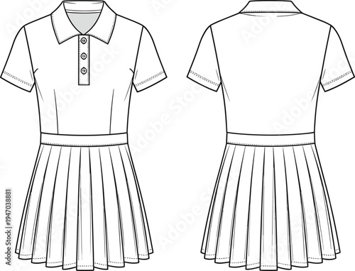 Women's polo pleated dress technical flat sketch with short sleeves, button placket, ribbed collar, and athletic tennis skirt vector illustration.