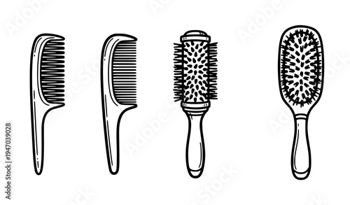 Hairbrush and comb styling tools set including paddle brush, round brush and detangling comb for professional hairdressing and grooming
