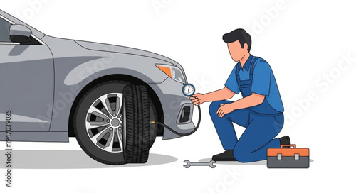 Mechanic changing car tire outdoors.