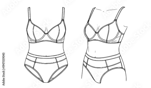 Women lingerie bra and panties set on female body template showing front and side views of modern intimate apparel design