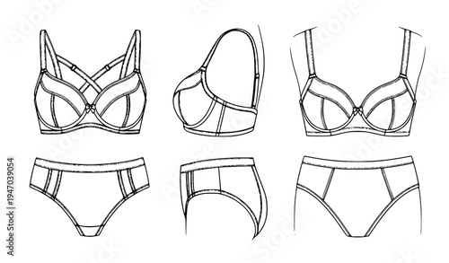 Women lingerie bra and panties technical fashion illustration set showing front, side and back views of modern intimate apparel design