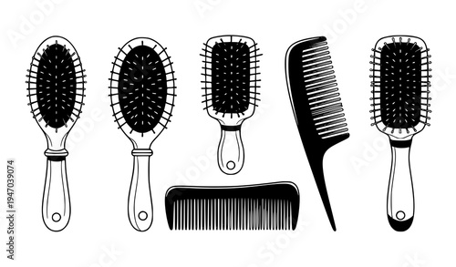 Hairbrush and comb styling tools collection featuring paddle brushes, round brush and detangling comb for professional hairdressing and salon grooming