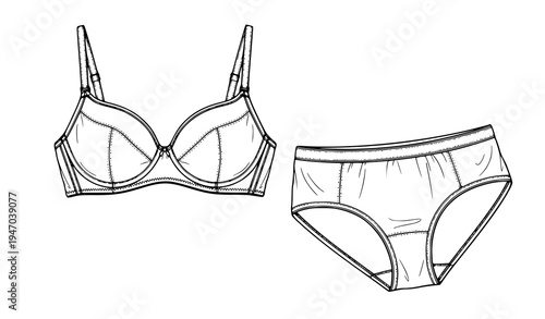 Women lingerie bra and panties set technical fashion illustration featuring modern feminine underwear design for intimate apparel collection
