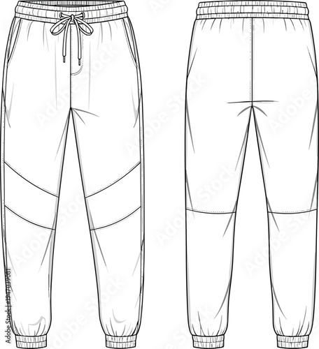 Unisex joggers technical flat sketch with elastic drawstring waistband, side pockets, knee panel detailing, and ribbed leg cuffs vector illustration.
