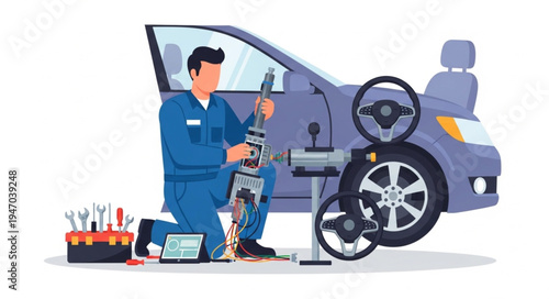 Mechanic changing car tire outdoors.