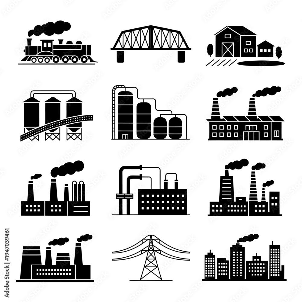 Obraz premium Industrial icons set with factories bridges and trains industrialization and infrastructure symbols