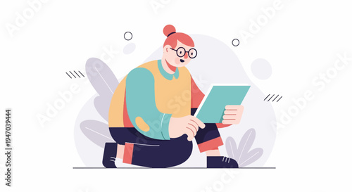 Person with glasses reading a tablet amidst abstract shapes and plants
