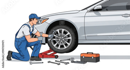 Mechanic changing car tire outdoors.