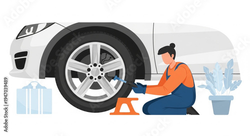 Mechanic changing car tire outdoors.