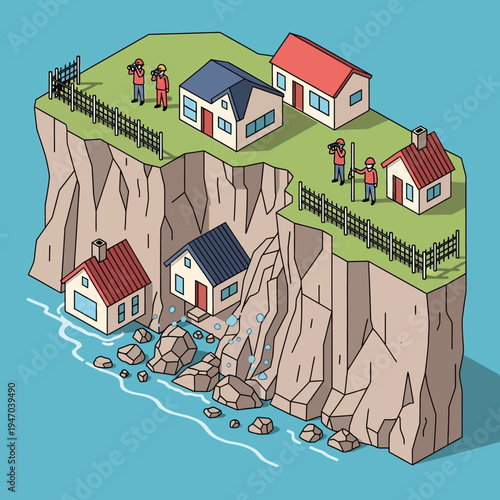 Illustration depicting homes on a cliff edge, highlighting environmental concerns and potential hazards.