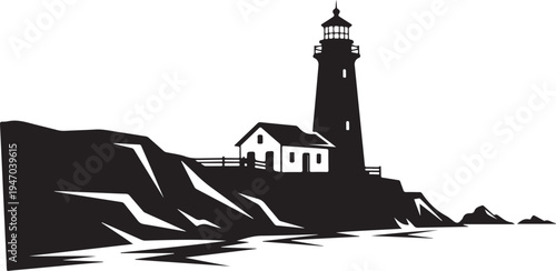 Vector lighthouse on rocky cliffside silhouette