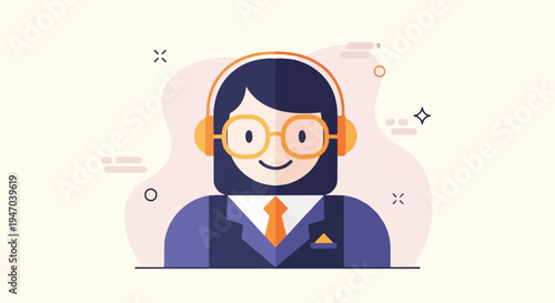 Stylized illustration of a person with headphones, glasses, and formal attire