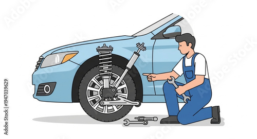 Mechanic changing car tire outdoors.