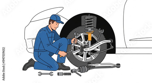 Mechanic changing car tire outdoors.