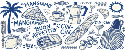 Italian style vacation hand drawn vector illustrations in grunge chalk or charcoal rough doodle sketch style. Summer vacation elements in ink simple style. Drawings for poster, placard or menu print.