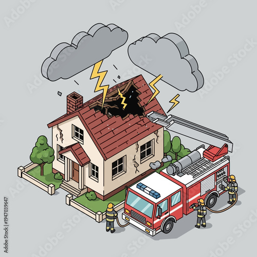 Isometric illustration of a house on fire with a fire truck and firefighters responding to the emergency.