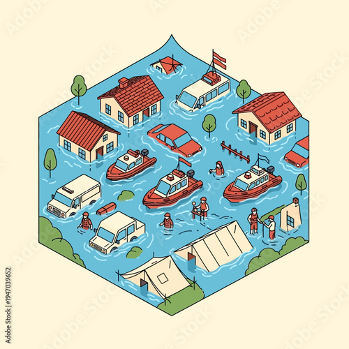 Illustration depicting a flooded town with houses, vehicles, and rescue boats during a disaster.