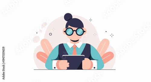 Cartoon figure in formal attire holding a tablet, surrounded by abstract shapes