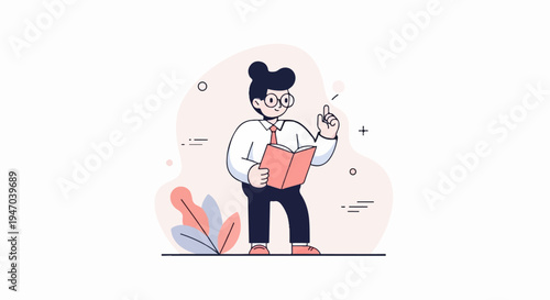 Cartoon figure in glasses holding a book with a raised index finger