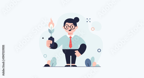Cartoon character with glasses and tie holding a flaming plant in pot