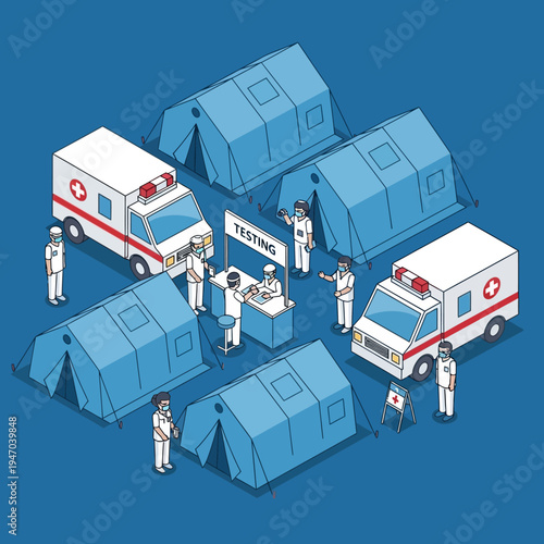 Isometric illustration depicting a medical testing site with ambulances, tents, and healthcare workers.