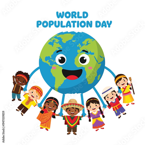 World Population Day Celebration with Diverse Children Holding Hands Around Earth